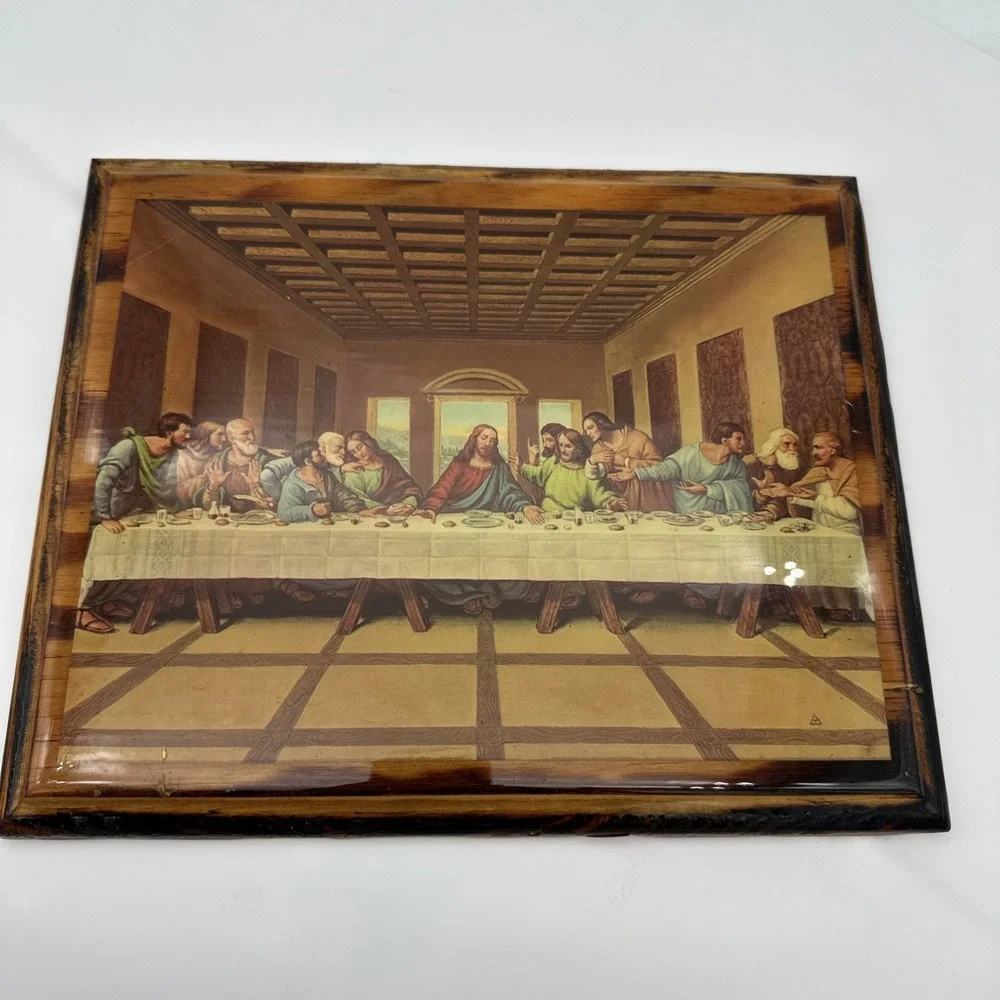 Vintage Religious Art Varnished Wood Framed The Last Supper Wall Plaque 9.5x11.5